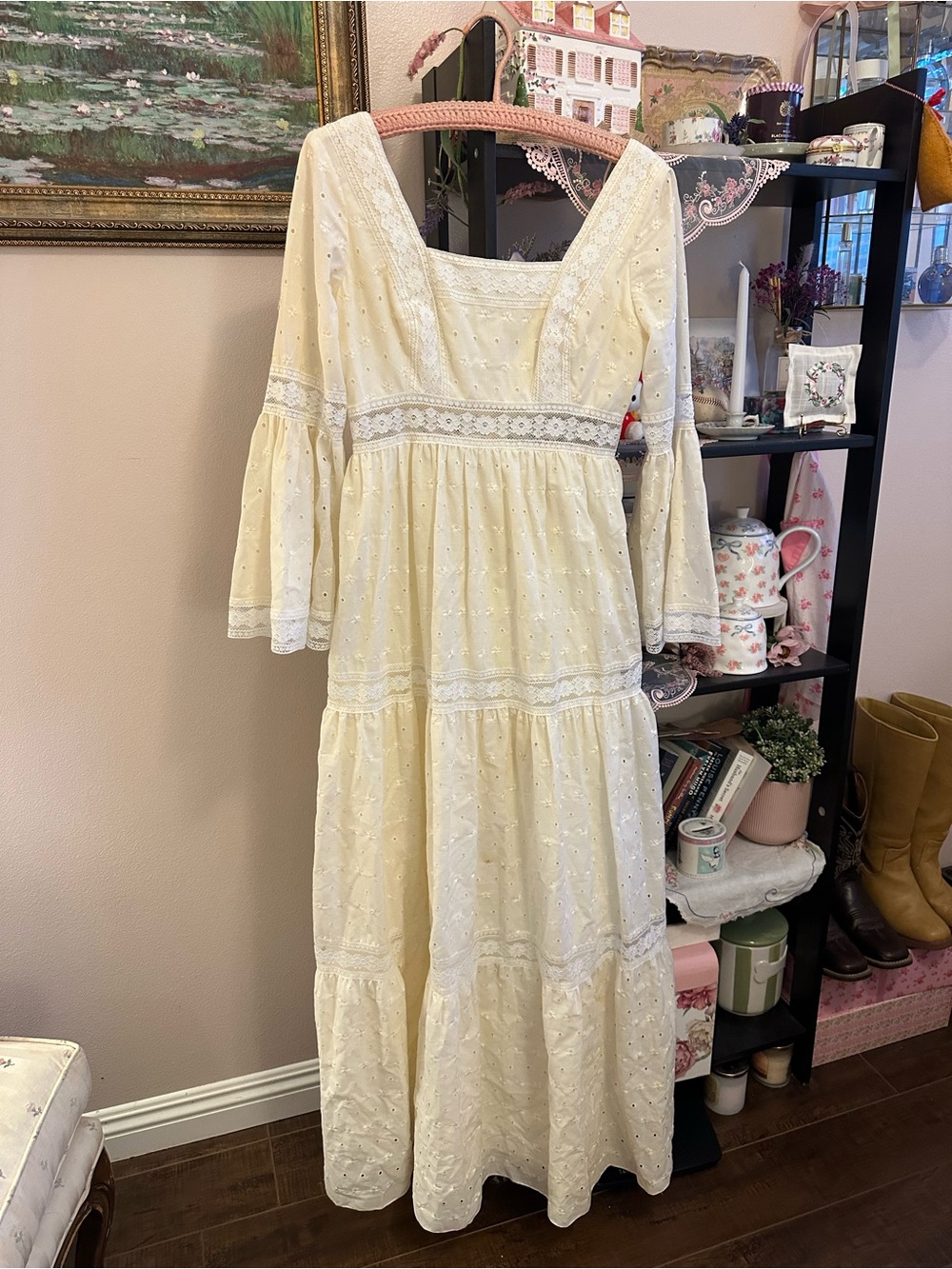 Boho Vintage Eyelet Maxi Dress in Butter Yellow